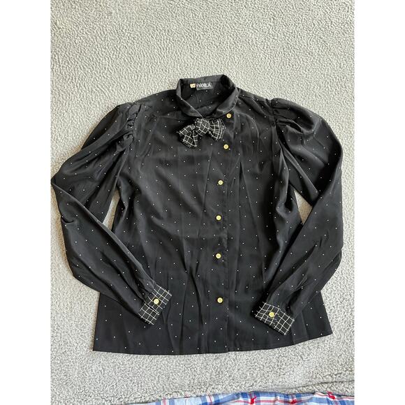 Voila Button Up Top 12 Large Bow Asymmetric Polka Dot Long Sleeve Retro Blouse - Picture 12 of 16